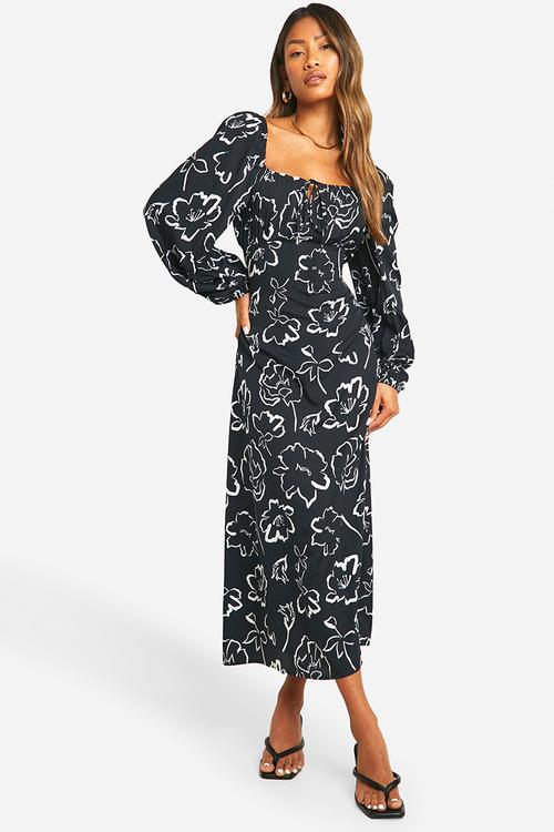 Mono Floral Puff Sleeve Midaxi Dress - Black