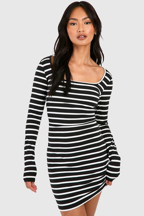 Premium Super Soft Square Neck Stripe Bodycon Mini Dress - Black