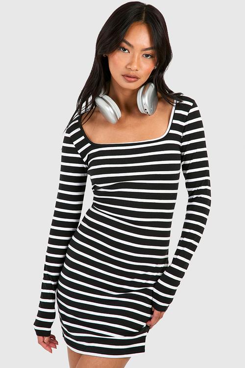 Premium Super Soft Square Neck Stripe Bodycon Mini Dress - Black