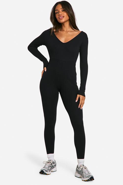 Basic Rib Plunge Unitard Jumpsuit - Black