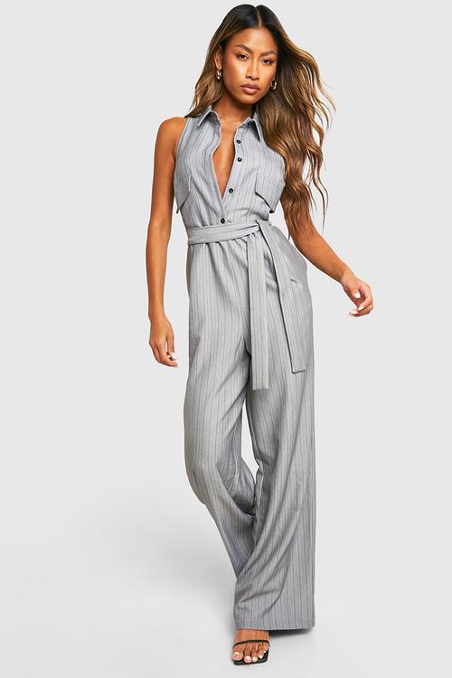 Pinstripe Wide Leg Jumpsuit - Grey