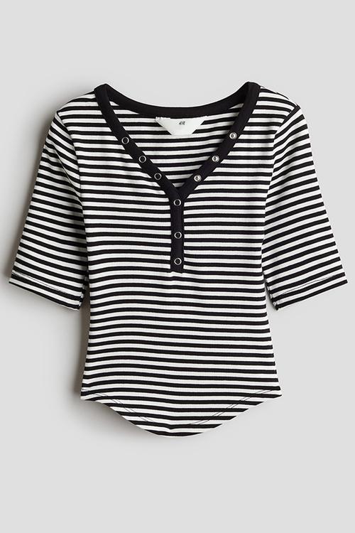 Decorative-placket ribbed top - white & black