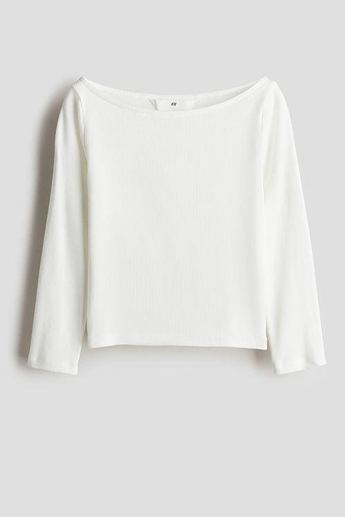 Ribbed boat-neck top - white