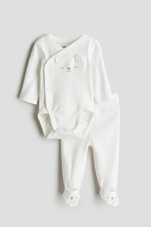 2-Piece cotton set - white & teddy bear