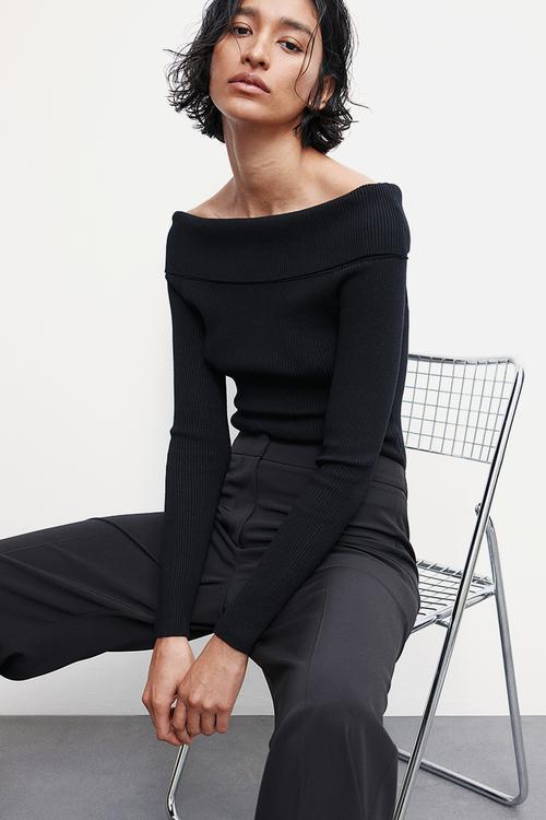 Rib-knit off-the-shoulder top - black