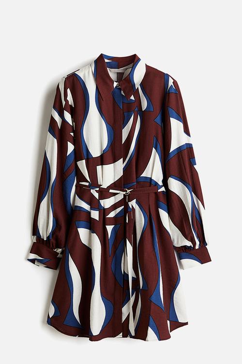 Belted shirt dress - burgundy & patterned