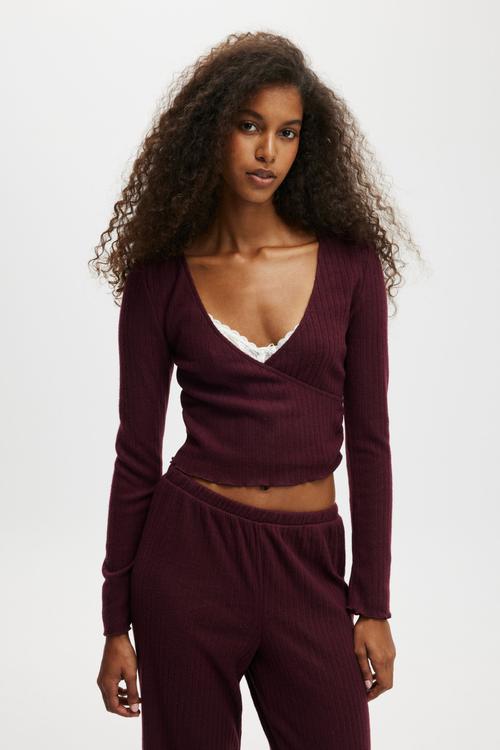 Super Soft Ribbed Wrap Top - Dark Oak