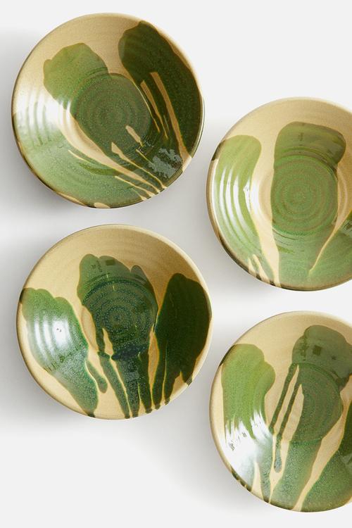 Glazed terracotta serving bowl - yellow patterned