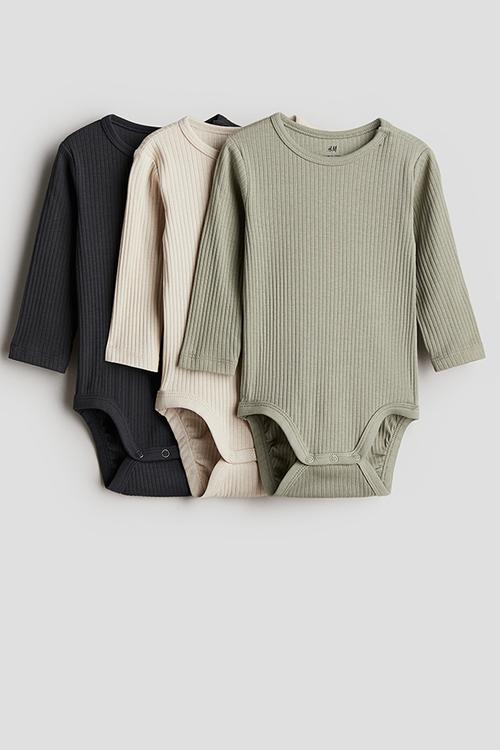 3-pack ribbed bodysuits - dark grey/khaki green