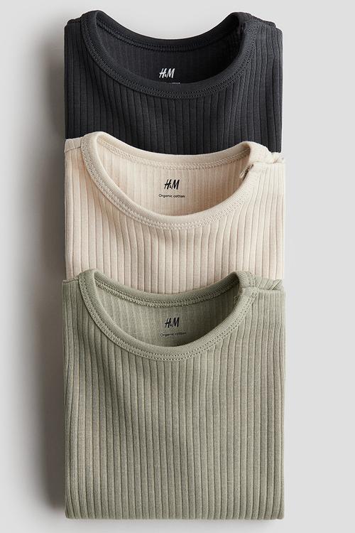 3-pack ribbed bodysuits - dark grey/khaki green