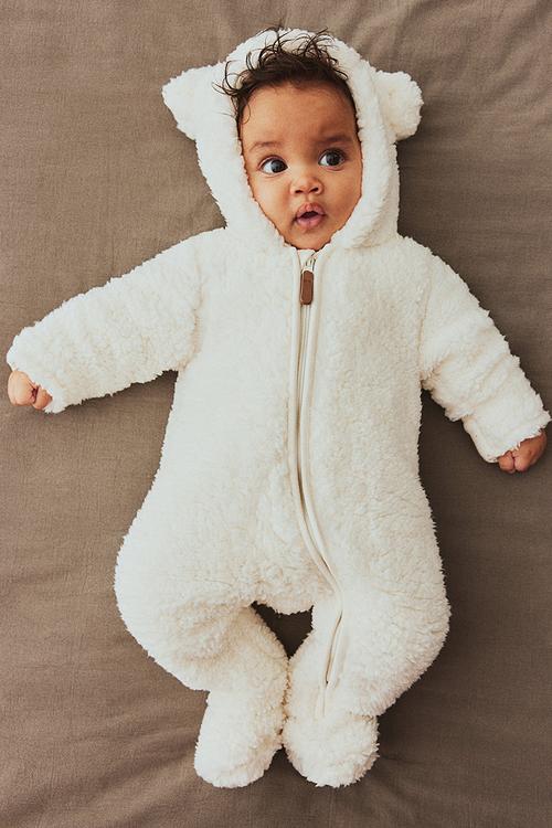 Pile pram suit with ears - white