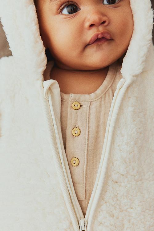 Pile pram suit with ears - white