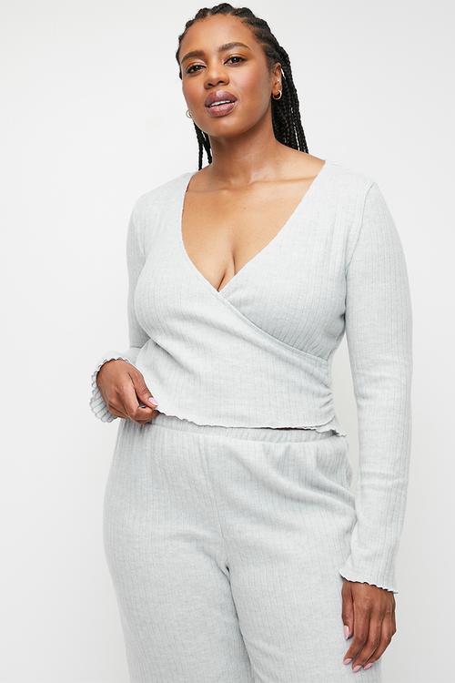 Plus Super Soft Ribbed Wrap Top - Light Grey Marle