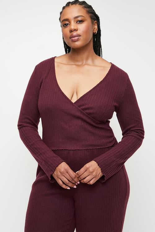 Plus Super Soft Ribbed Wrap Top - Dark Oak