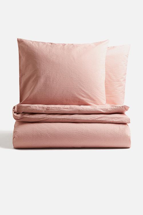 Seersucker double/king size duvet cover set - light pink