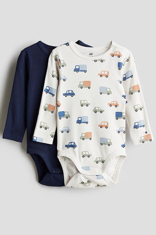 2-pack long-sleeved bodysuits -  white/cars