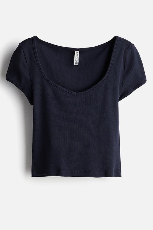Ribbed sweetheart-neck T-shirt - navy blue
