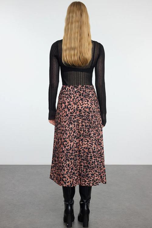 Animal Pattern Slit Midi Woven Skirt - Brown 