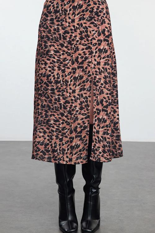Animal Pattern Slit Midi Woven Skirt - Brown 