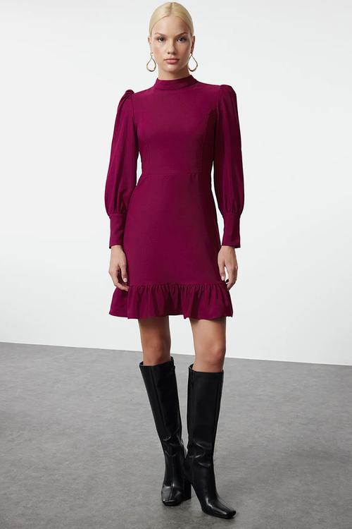 Purple High Collar A-Line Gathered Mini Woven Dress