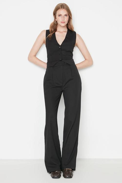 Wide Leg Woven Trousers - black