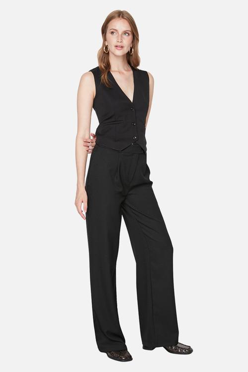 Wide Leg Woven Trousers - black