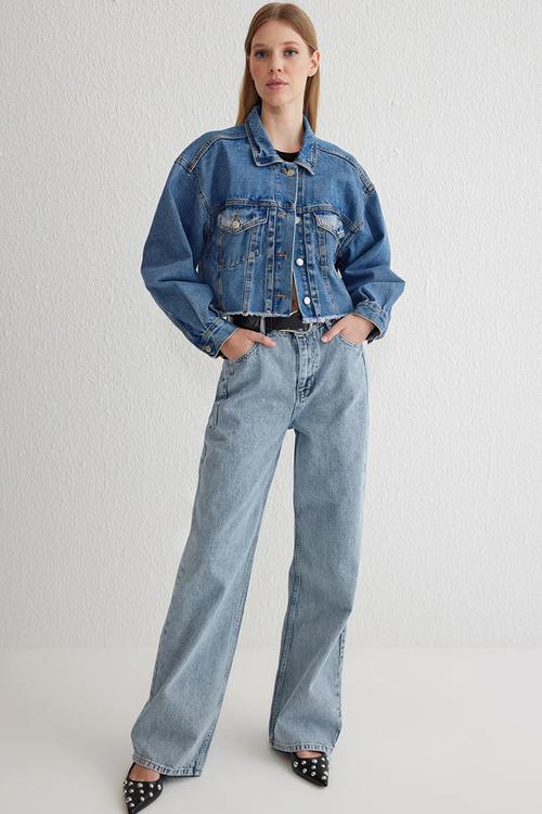 Dart Detail High Waist Long Straight Jeans - Blue 