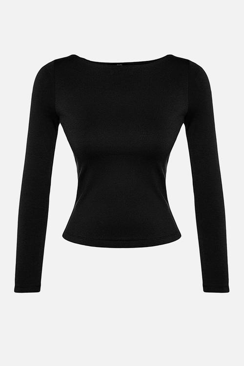 Cotton boat neck fitted stretch knitted top - black 