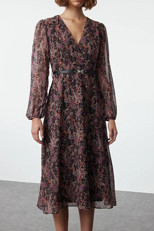 Brown Floral Belted A-Line Midi Double Breasted Collar Chiffon Woven Dress
