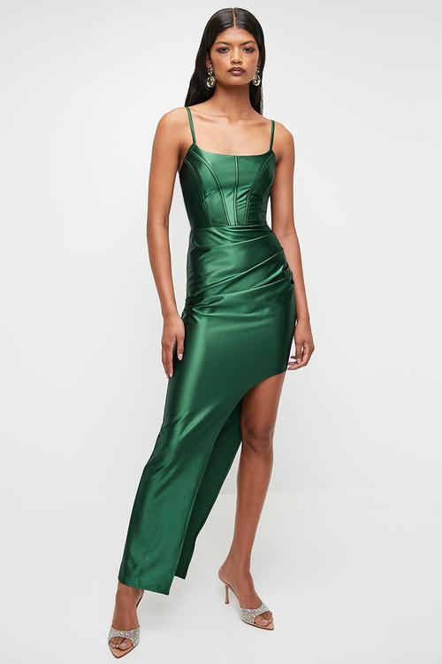 TRUTH BE TOLD: Maxi Dress With A Corsetted Bodice And Pleated Skirt - Bottle Green