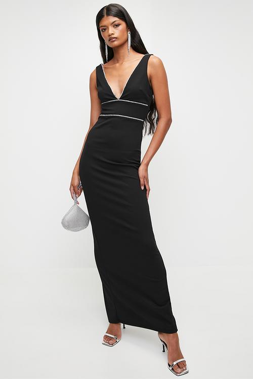 ALL ABOUT ME: V-Neck Maxi Dress With Trim - Black