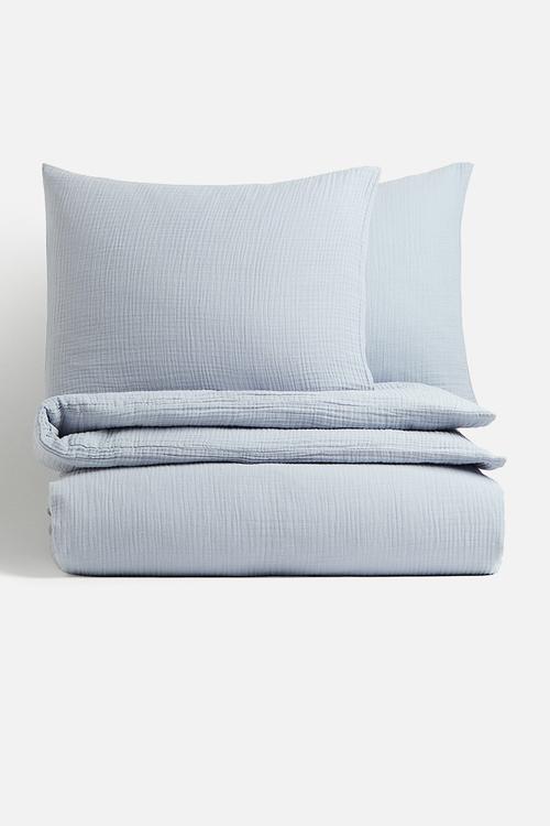 Muslin double/king duvet cover set - light dusty blue