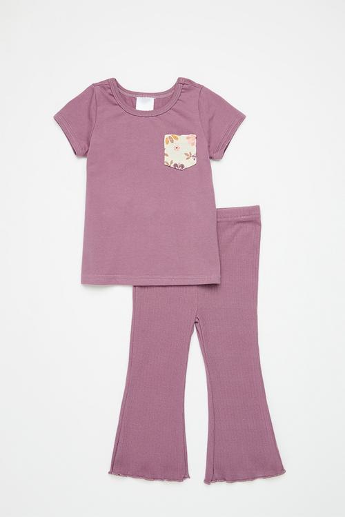 Top with floral print pocket & flared leggings - mauve