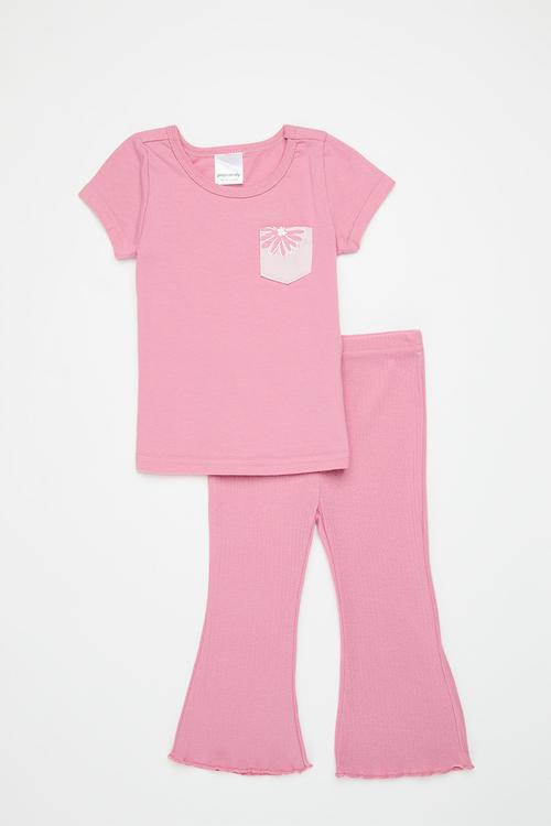 Top with floral print pocket & flared leggings - pink