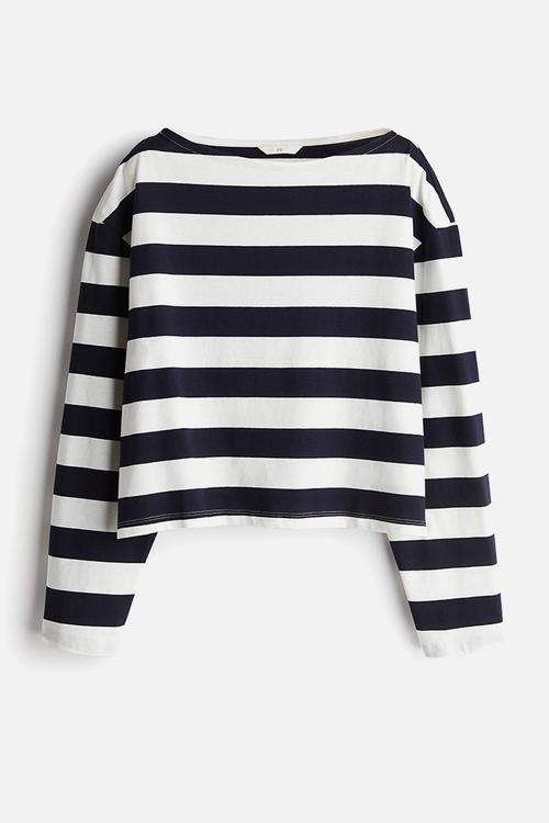 Oversized boat-neck top - navy blue & white striped