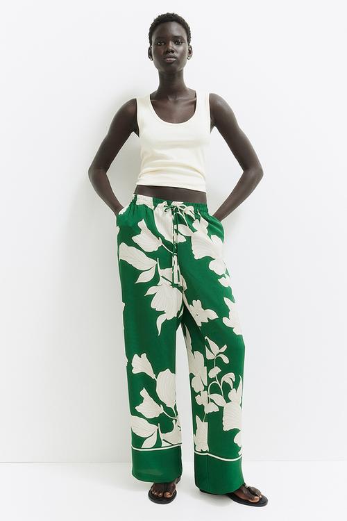Wide pull-on trousers - green & cream floral