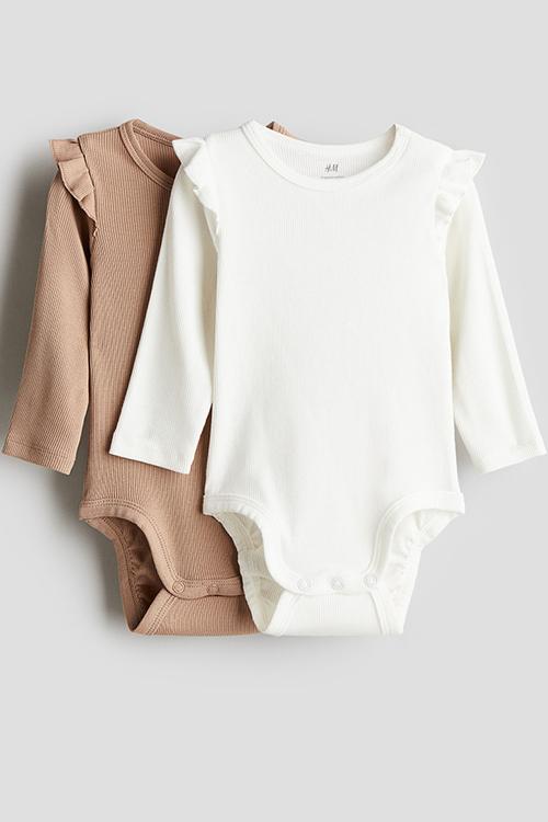 2-Pack long-sleeved bodysuits - beige & white
