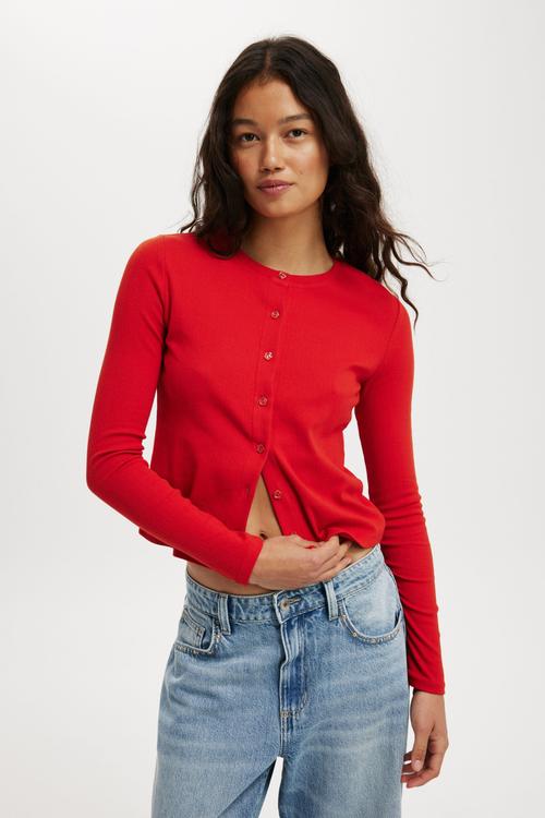 Scarlet Pointelle Cardi - Red Poppy