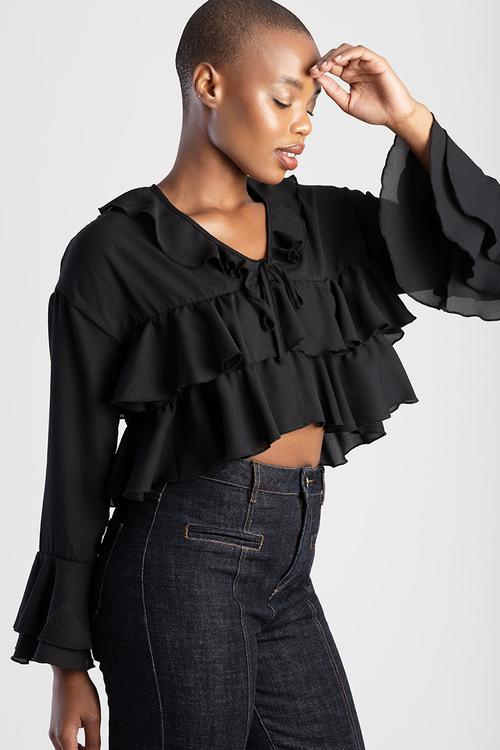 NEED TO KNOW: Cropped Longsleeve Blouse With Ruffles - Black