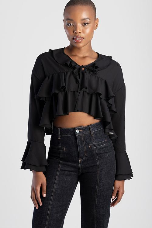 Sheer ruffle shirt - black