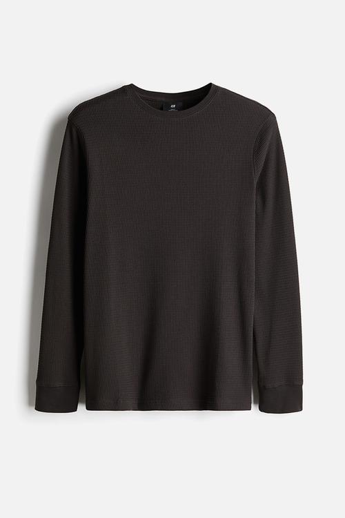 Slim fit waffled jersey top - dark brown