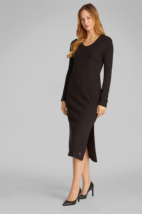 Textured rib loose v-neck dress - ck black