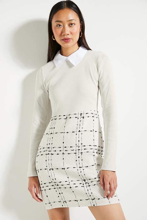 Ecru Plaid Knit Detailed Mini Woven Dress