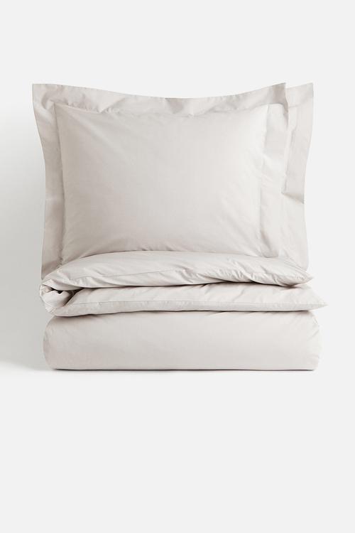 Double/king cotton percale duvet cover set - beige & grey