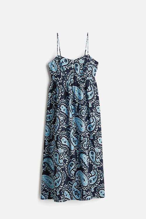 Button-front strappy dress - navy blue paisley-patterned