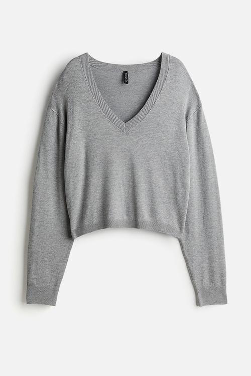Fine-knit v-neck jumper - light grey marl