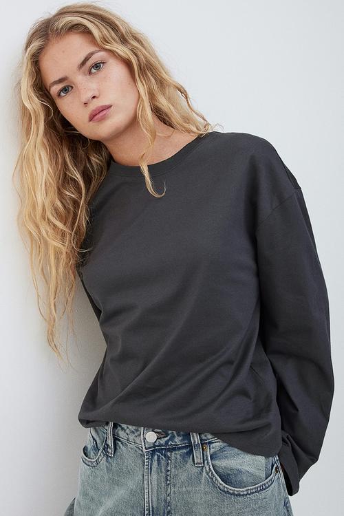 Long-sleeved cotton top - dark grey