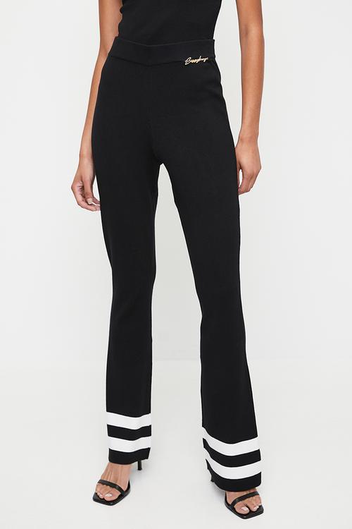 DIMAS: Knit Bootleg Pants With Stripe Details - Black