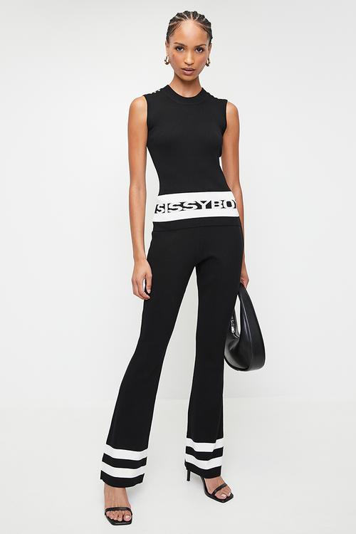 DIMAS: Knit Bootleg Pants With Stripe Details - Black