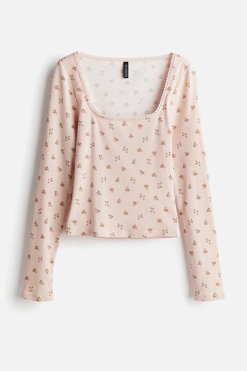 Picot-trimmed cotton top - light pink floral 